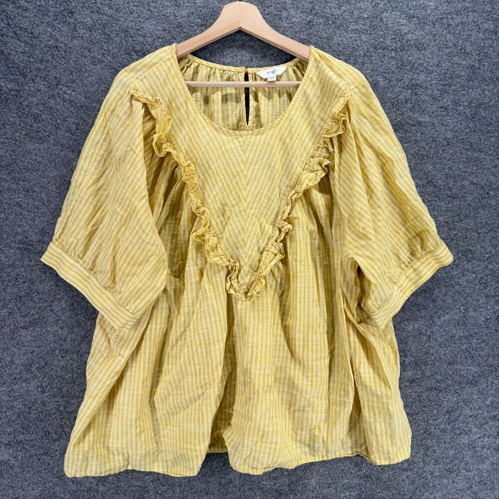Terra & Sky Blouse Women 4X Plus Yellow Striped Short Sleeve Hook & Eye Cotton